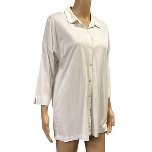 J Jill Rayon Blend Cream Stretch Button Up 3 Quarter Sleeve Tunic Blouse MP